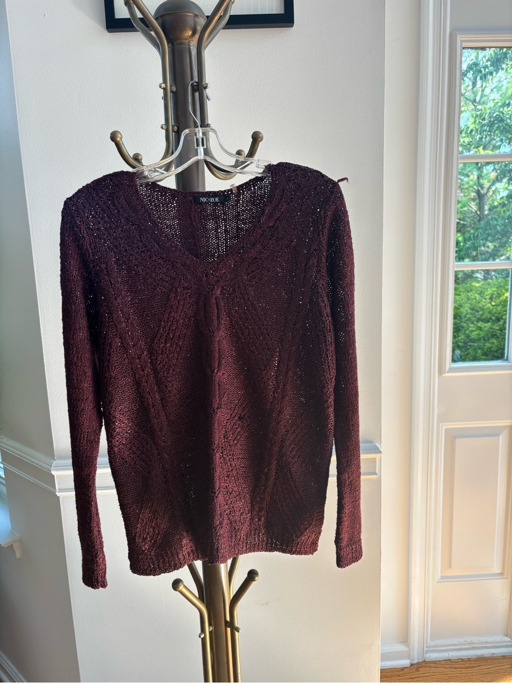 NIC+ZOE V-Neck Cable Knit Sweater in Burgundy